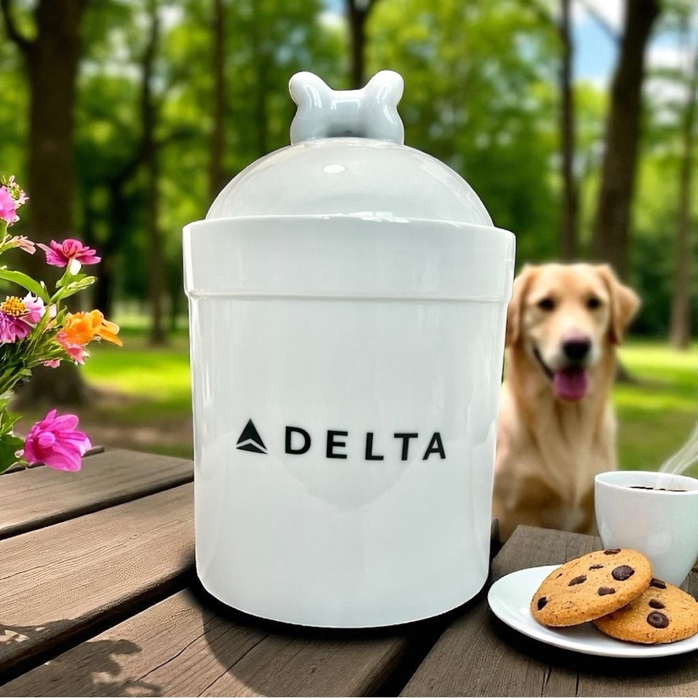 Delta Air Lines Ceramic Pet Dog Treat Jar 7.5 inch Tall White Gift Preowned